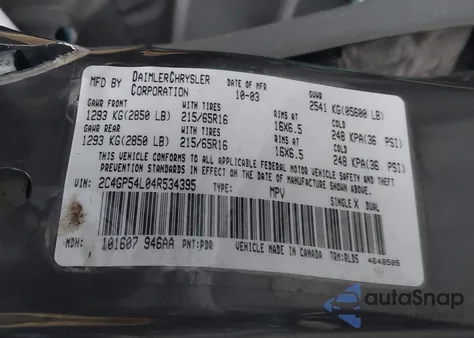 2004 Chrysler Town & Country Touring z USA, uszkodzony, nr VIN 2C4GP54L04R534395